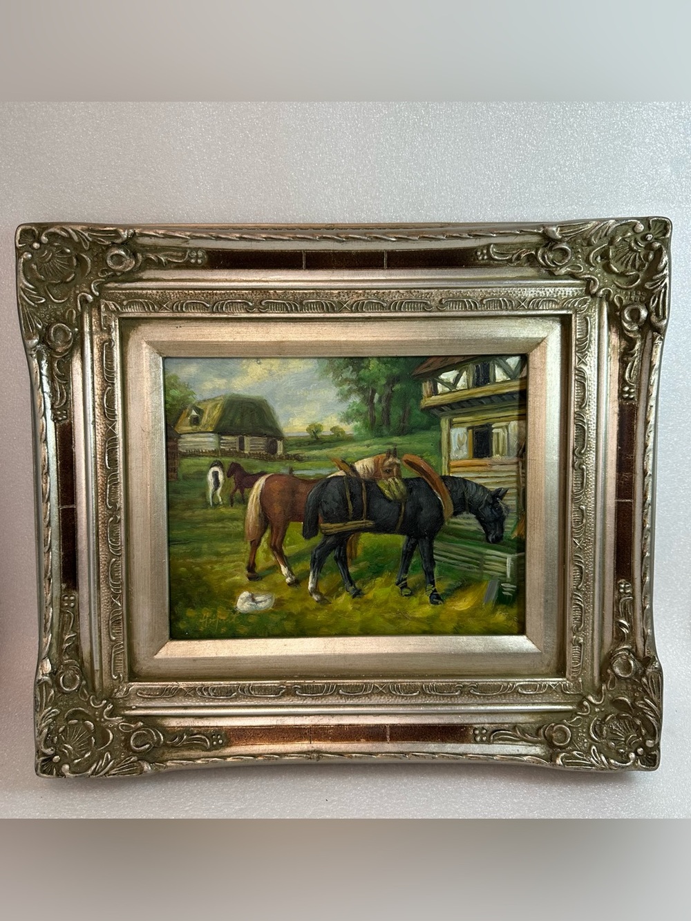 Vintage Painting Horses Farm Scene Signed Framed Rustic Decor **READ**